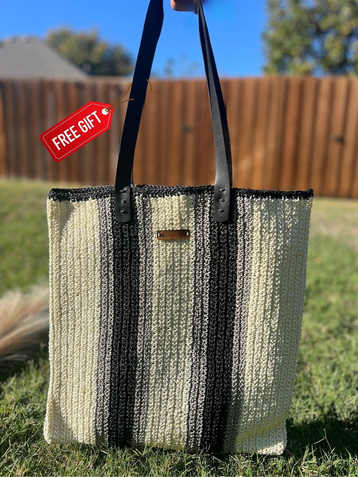 Black and Cream Striped Bag,Handmade Knitted Raffia Bag, Large Tote Bag,Leather Handle Bag, Shoulder Bag,Natural Straw bag, Christmas Gift