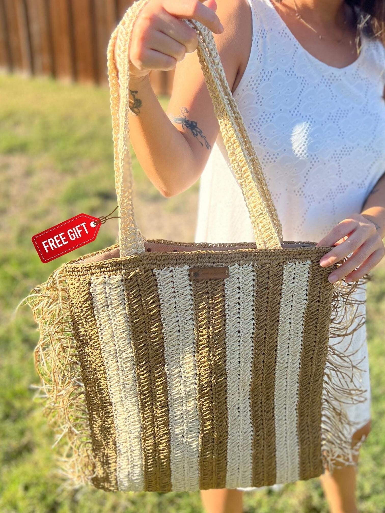 Brown and Cream Handmade Knitted Raffia Bag with inter-lining , Large Tote Bag , Women bag,Shoulder Bag, Natural Straw bag, Christmas Gift