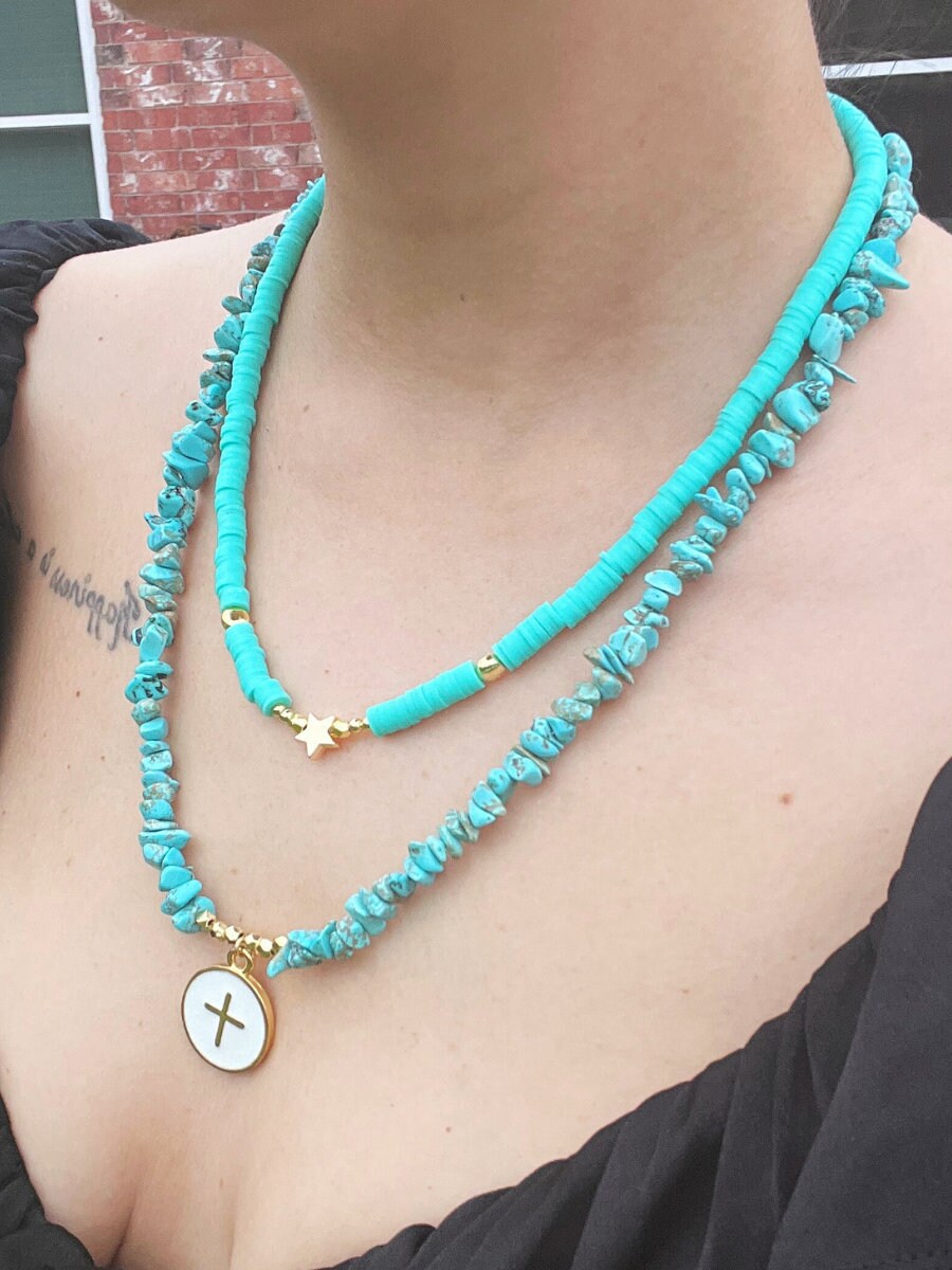 Turquoise Necklace , Women Jewelry , Multi-strand Handmade Necklace , Natural Stone , Cross Charm , Blue Necklace , Unique Christmas Gift