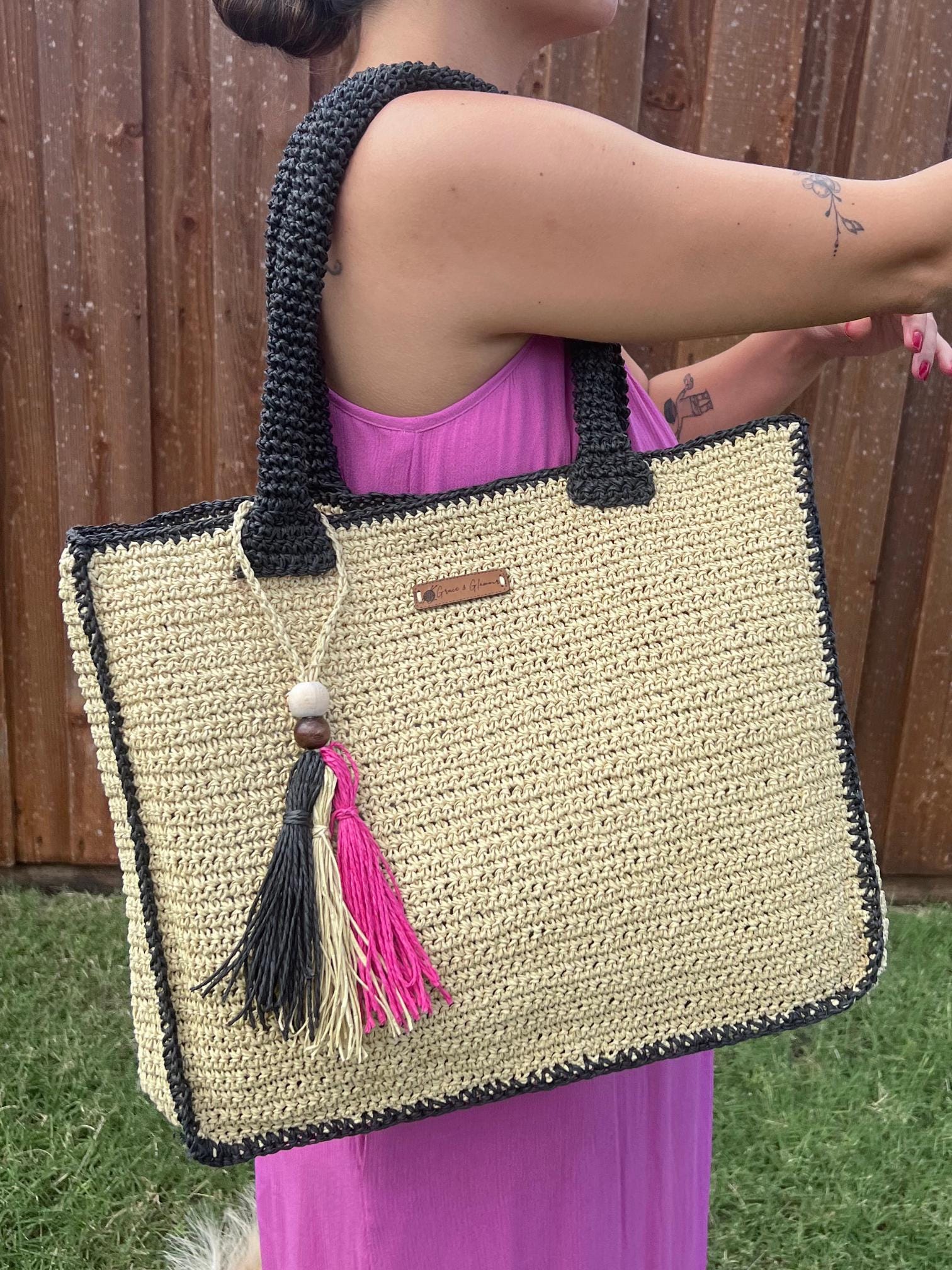 Natural Black Handmade Knitted Raffia Bag Black Straw Bag Large Tote Bag Women bag, Artisan Made handbag, Natural Straw bag, Birthday Gift