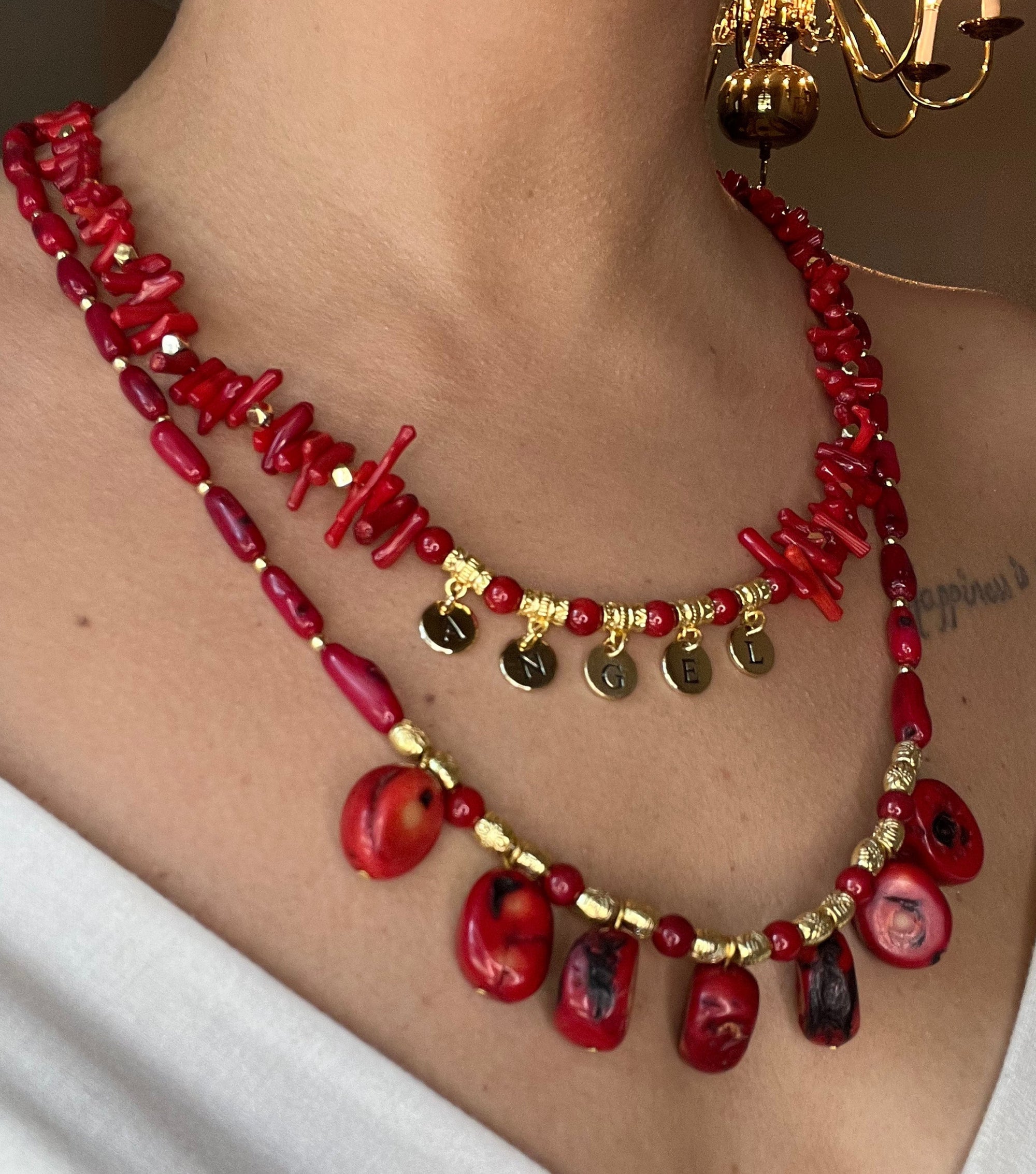 CORAL Women Jewelry Handmade Gemstone Multi-strand Necklace Customizable Name Special Unique Gift
