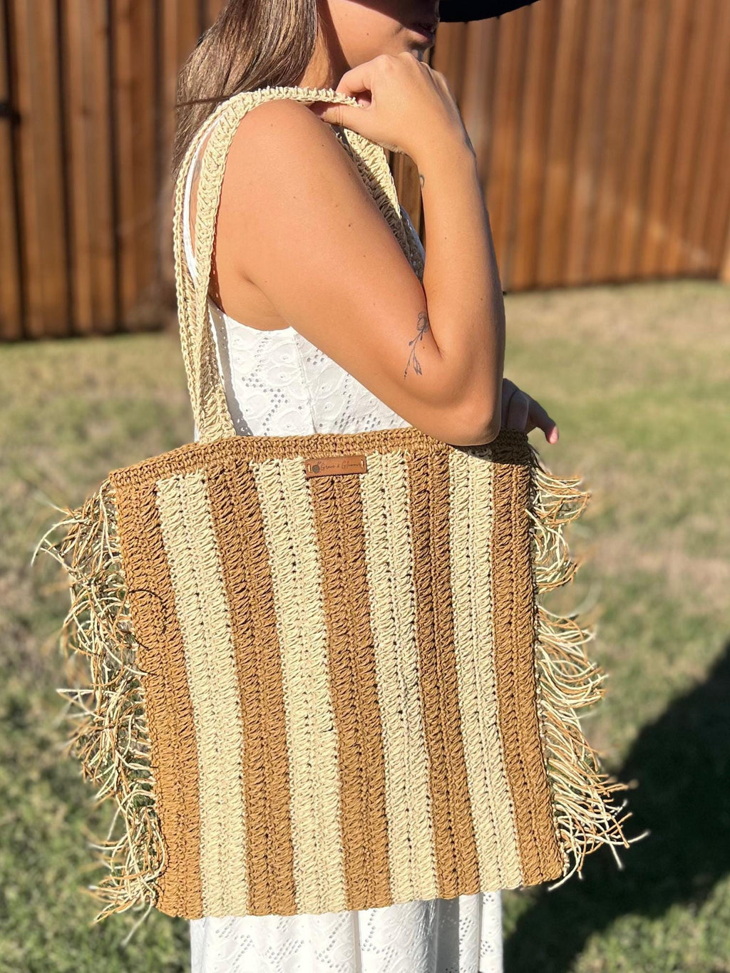 Brown and Cream Handmade Knitted Raffia Bag with inter-lining , Large Tote Bag , Women bag,Shoulder Bag, Natural Straw bag, Christmas Gift