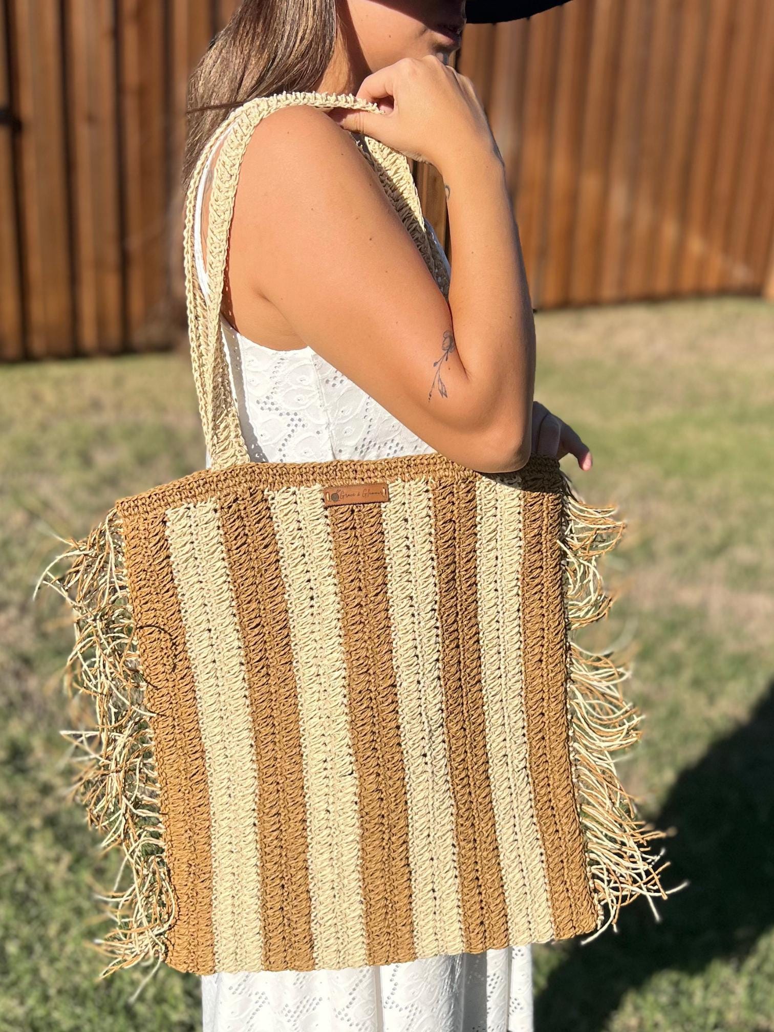 Brown and Cream Handmade Knitted Raffia Bag with inter-lining , Large Tote Bag , Women bag,Shoulder Bag, Natural Straw bag, Christmas Gift