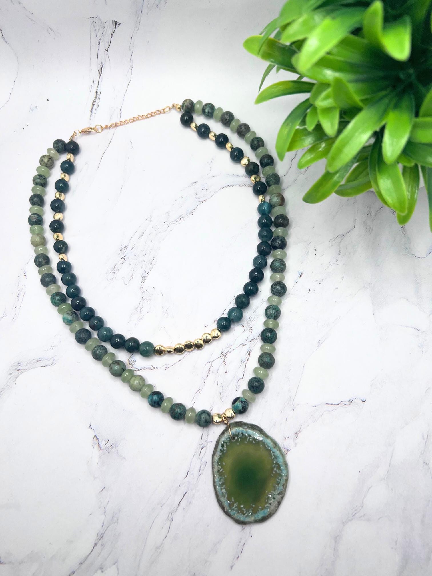 Green Aventurine Necklace with Mossy Agate & Jade – Unique Gemstone Pendant, Handmade Women Necklace,Multi-strand Necklace,Christmas Gift