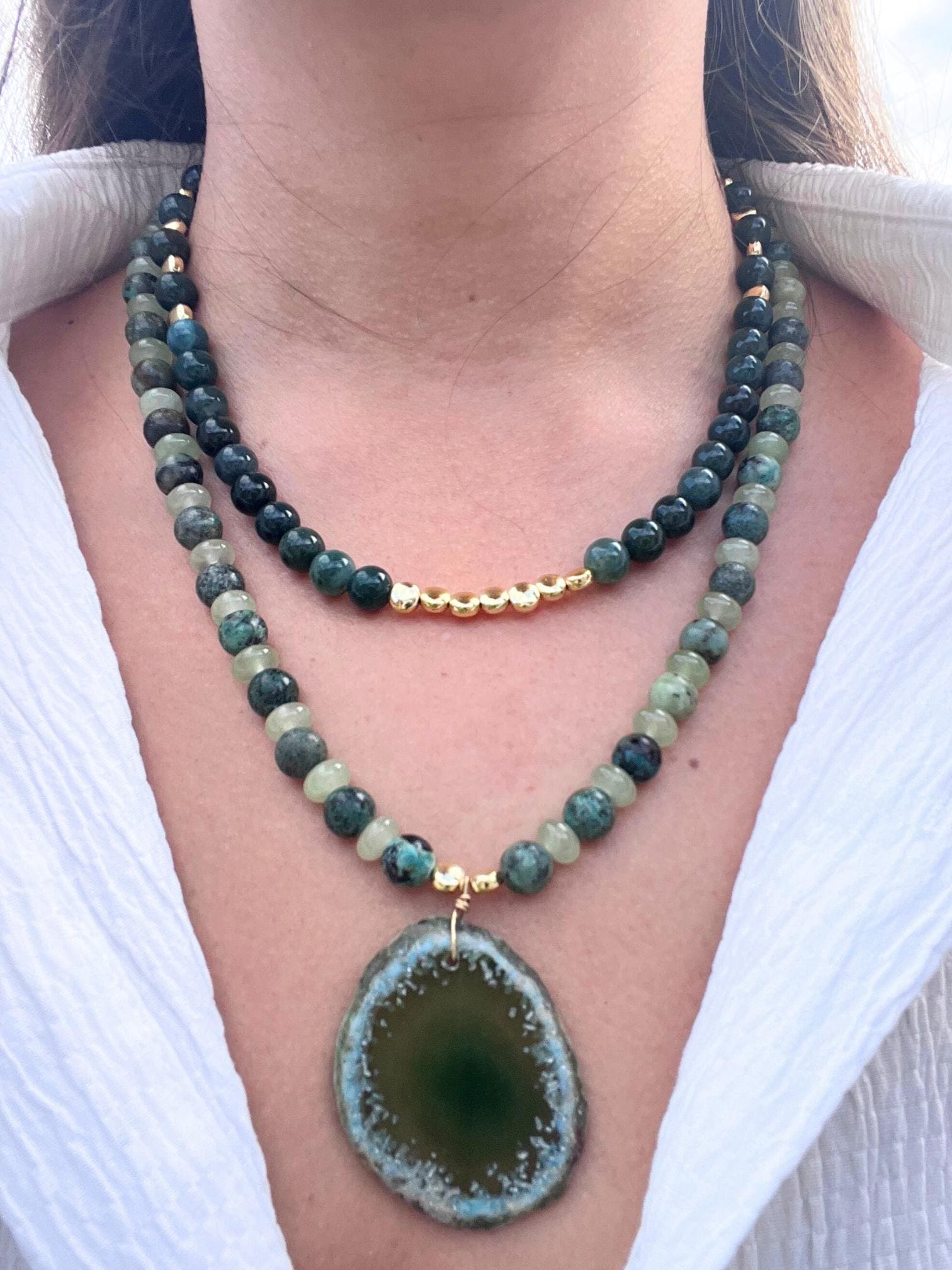 Green Aventurine Necklace with Mossy Agate & Jade – Unique Gemstone Pendant, Handmade Women Necklace,Multi-strand Necklace,Christmas Gift