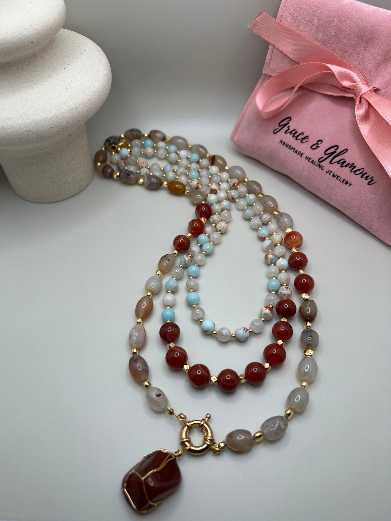 Multi-Strand Necklace Handcrafted Gemstone Necklace Unique Agate Showcat Variscite Red Pendant Unique Birthday Gift for Her ,Christmas Gift