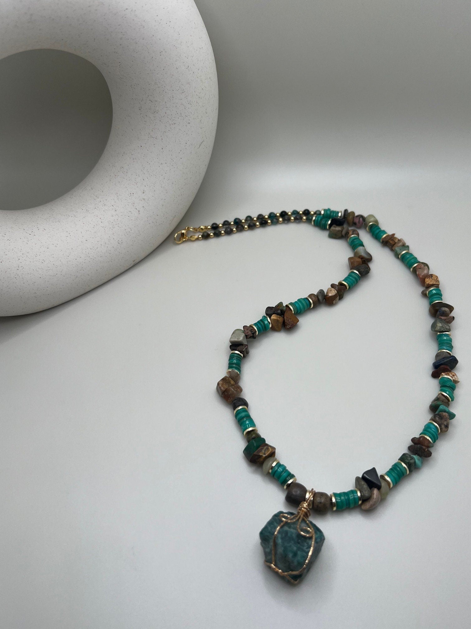 Handcrafted Gemstone Necklace • Women Jewelry • Elegant Handmade Rhodonite • Mother of Pearl • Amazonite Pendant •   Gift for Her