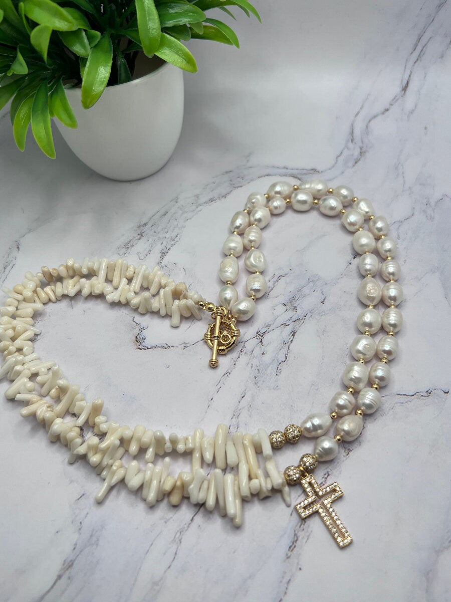 Pearl Necklace Multi Strand , Handmade Natural Stone Necklace , Cross Charm , White Gold Necklace , Unique Birthday Gift , Christmas Gift