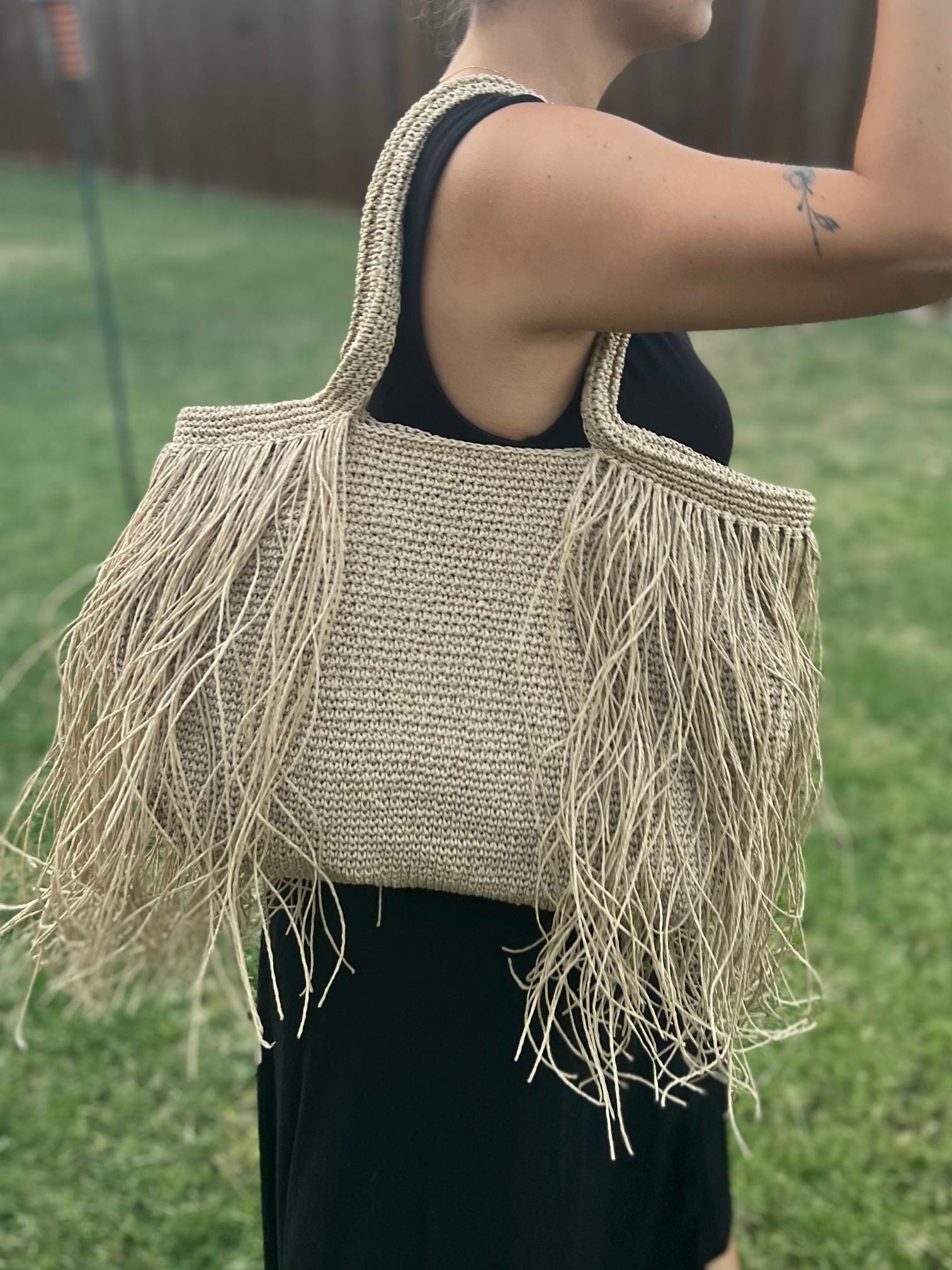Handmade Light Brown Fringed Straw Bag | Boho Jute Tote | Large Summer Beach Bag | 17x12 inch Eco-Friendly Bag