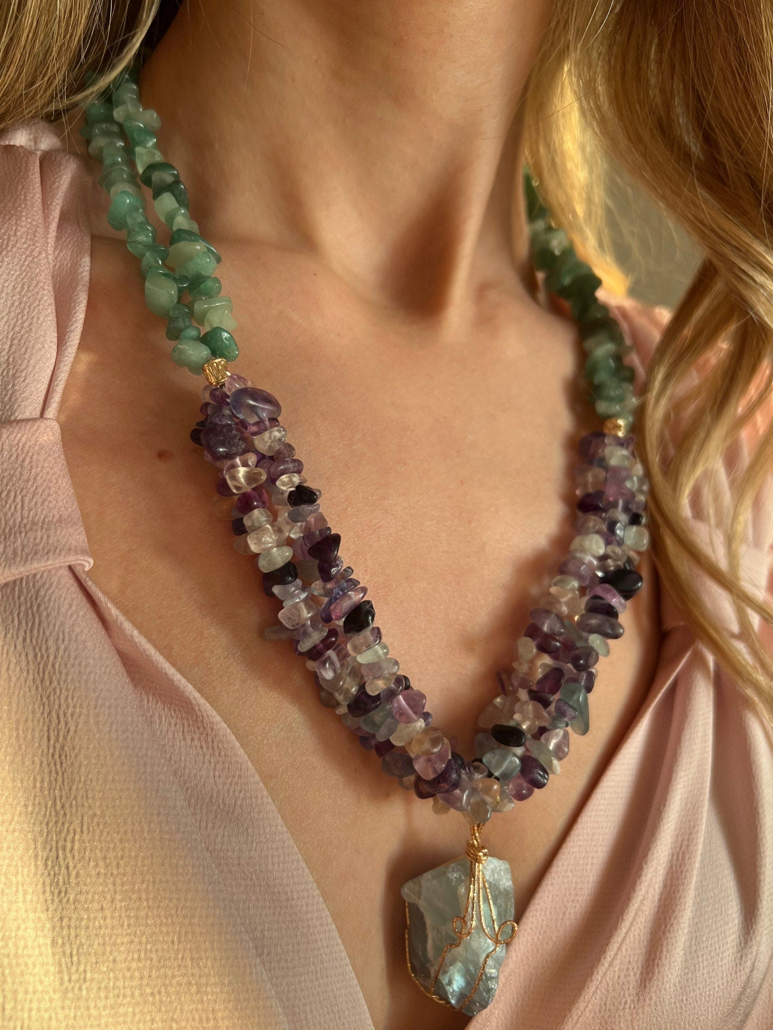 Jewelry for Women Handmade Multi-strand Necklace Fluorite Aventurine Aquamarine Special Gift Christmas Gift