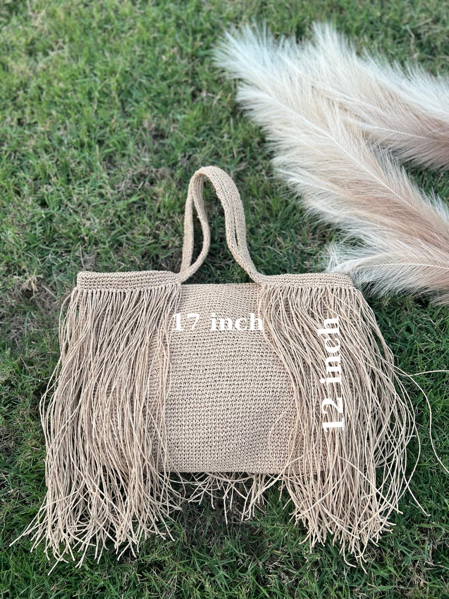 Handmade Light Brown Fringed Straw Bag | Boho Jute Tote | Large Summer Beach Bag | 17x12 inch Eco-Friendly Bag