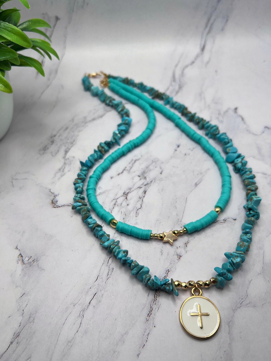 Turquoise Necklace , Women Jewelry , Multi-strand Handmade Necklace , Natural Stone , Cross Charm , Blue Necklace , Unique Christmas Gift