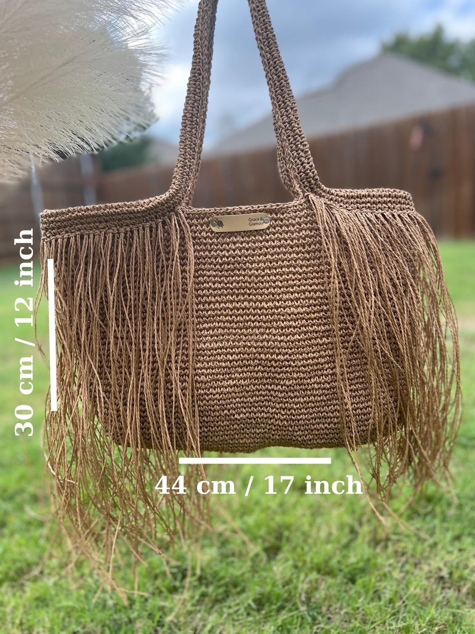 Free Shipping, Knitted Raffia Bag , Shoulder Bag , Women Bag , Fringe Bag , Summer Bag , Straw Bag, Boho Style , Hand Knitted , Gift for Her