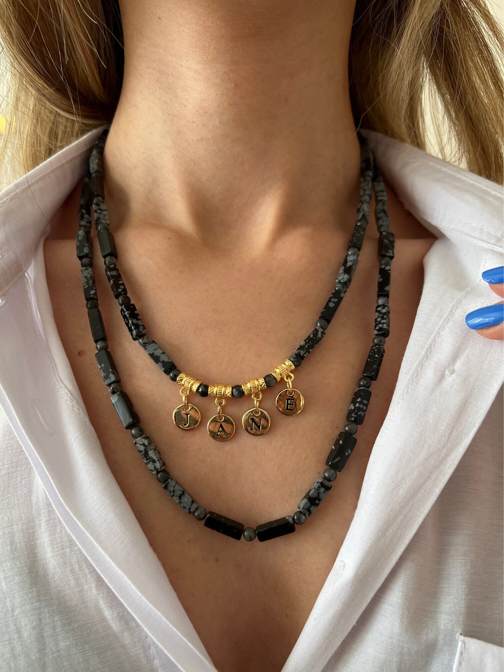 Blackrock Jewelry for Women Personalized Name Necklace Handcrafted Obsidian Multi-strand Gemstone Necklace Gift for Christmas Unique Gift