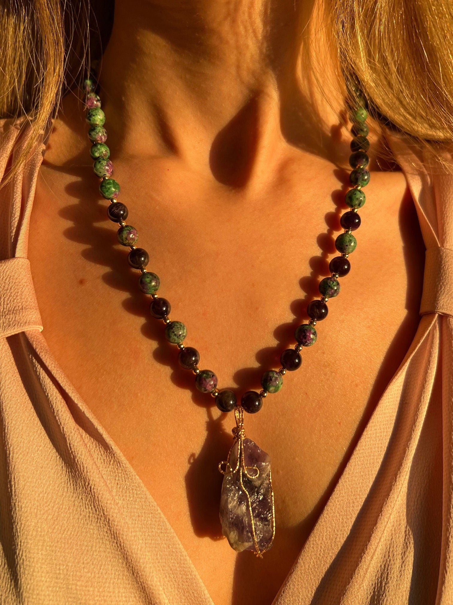 Women Jewelry . Handmade Gemstone Necklace . Amethyst Pendant . Anyolite Agate . Crystal Necklace . Unique Special Christmas Gift for Her