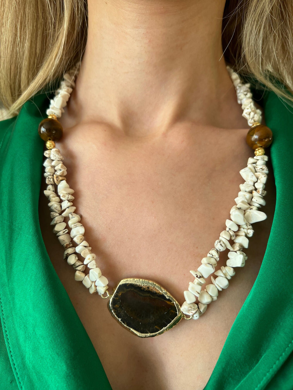 Women Jewelry , Handmade Gemstone Necklace , Multistrand Necklace , Howlite ,  Tigers Eye , Gift for Her , Christmas Gift