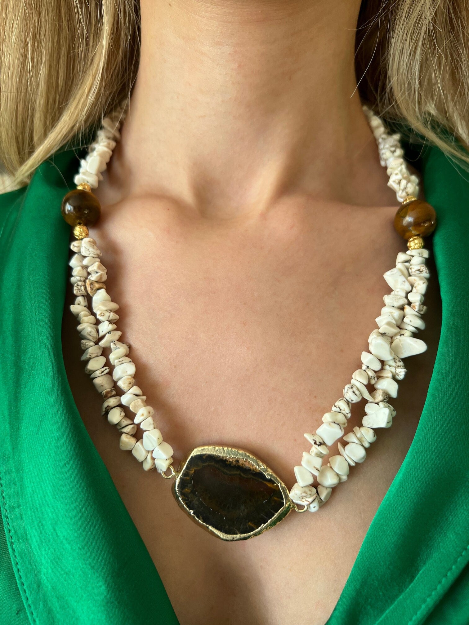 Women Jewelry , Handmade Gemstone Necklace , Multistrand Necklace , Howlite ,  Tigers Eye , Gift for Her , Christmas Gift
