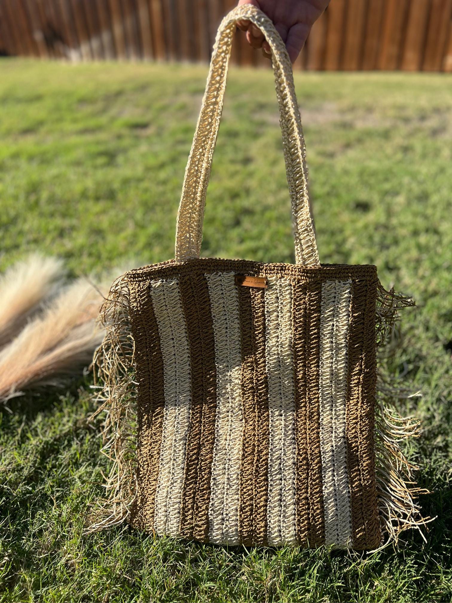 Brown and Cream Handmade Knitted Raffia Bag with inter-lining , Large Tote Bag , Women bag,Shoulder Bag, Natural Straw bag, Christmas Gift