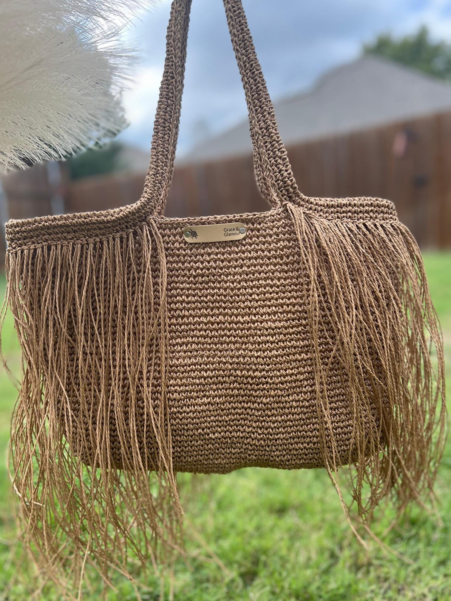 Free Shipping, Knitted Raffia Bag , Shoulder Bag , Women Bag , Fringe Bag , Summer Bag , Straw Bag, Boho Style , Hand Knitted , Gift for Her