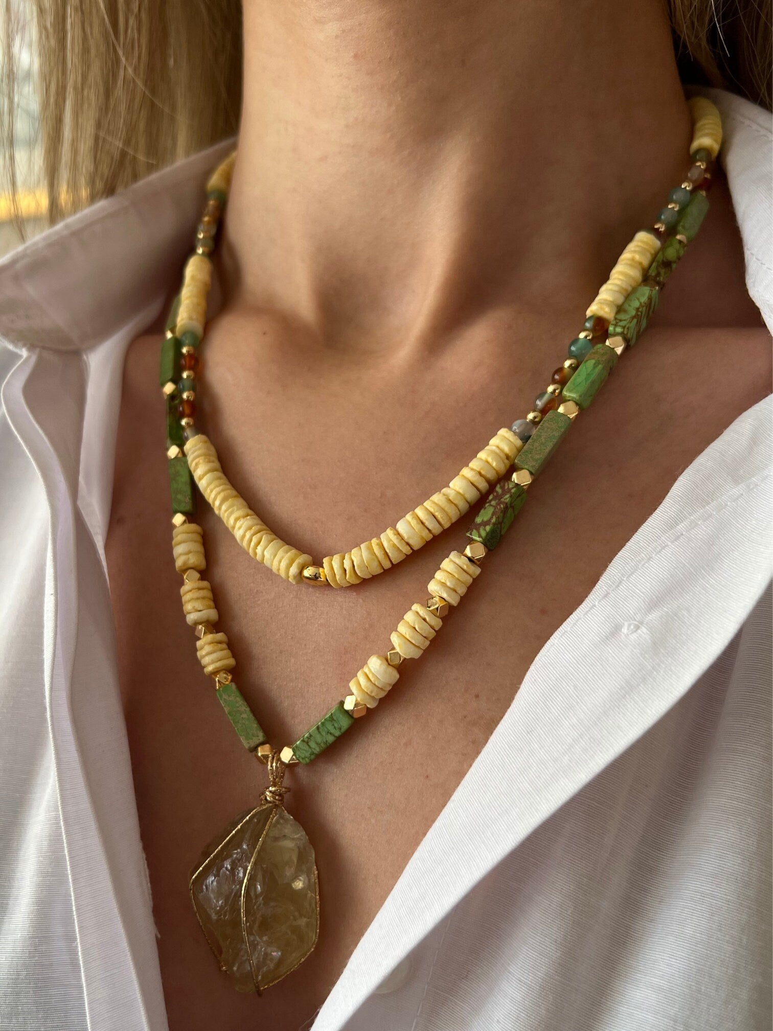 Citrine , Fimo , Indian Agate , Varacite Necklace , Multi-strand Handmade Natural Stone Necklace , Women Jewelry , Unique Halloween Gift