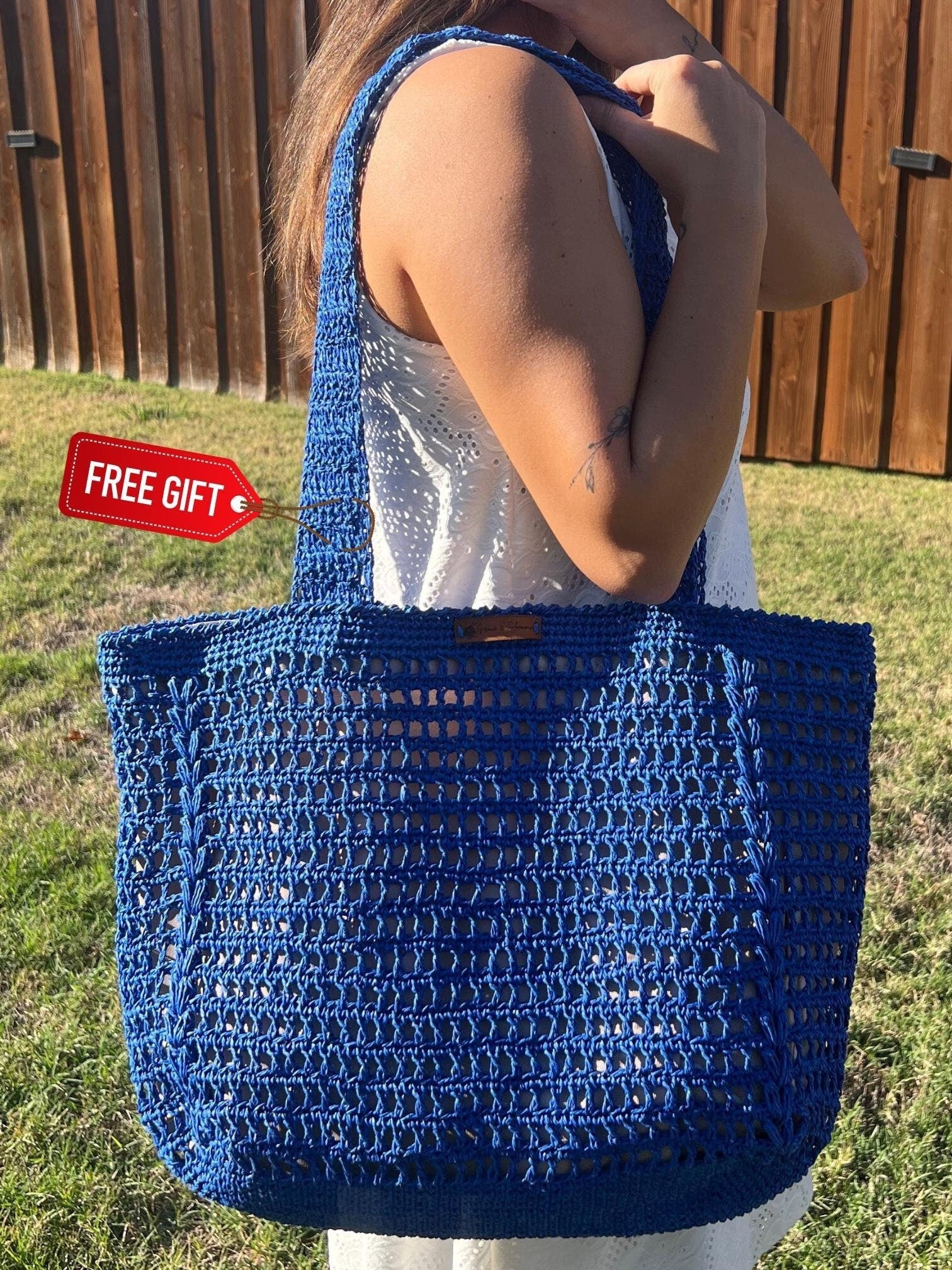 Blue Knitted Women Bag , Handmade Tote Bag , Charity, Artisan Design Bag , Natural Straw Bag ,  Christmas Gift , Shoulder Bag , Everyday Use