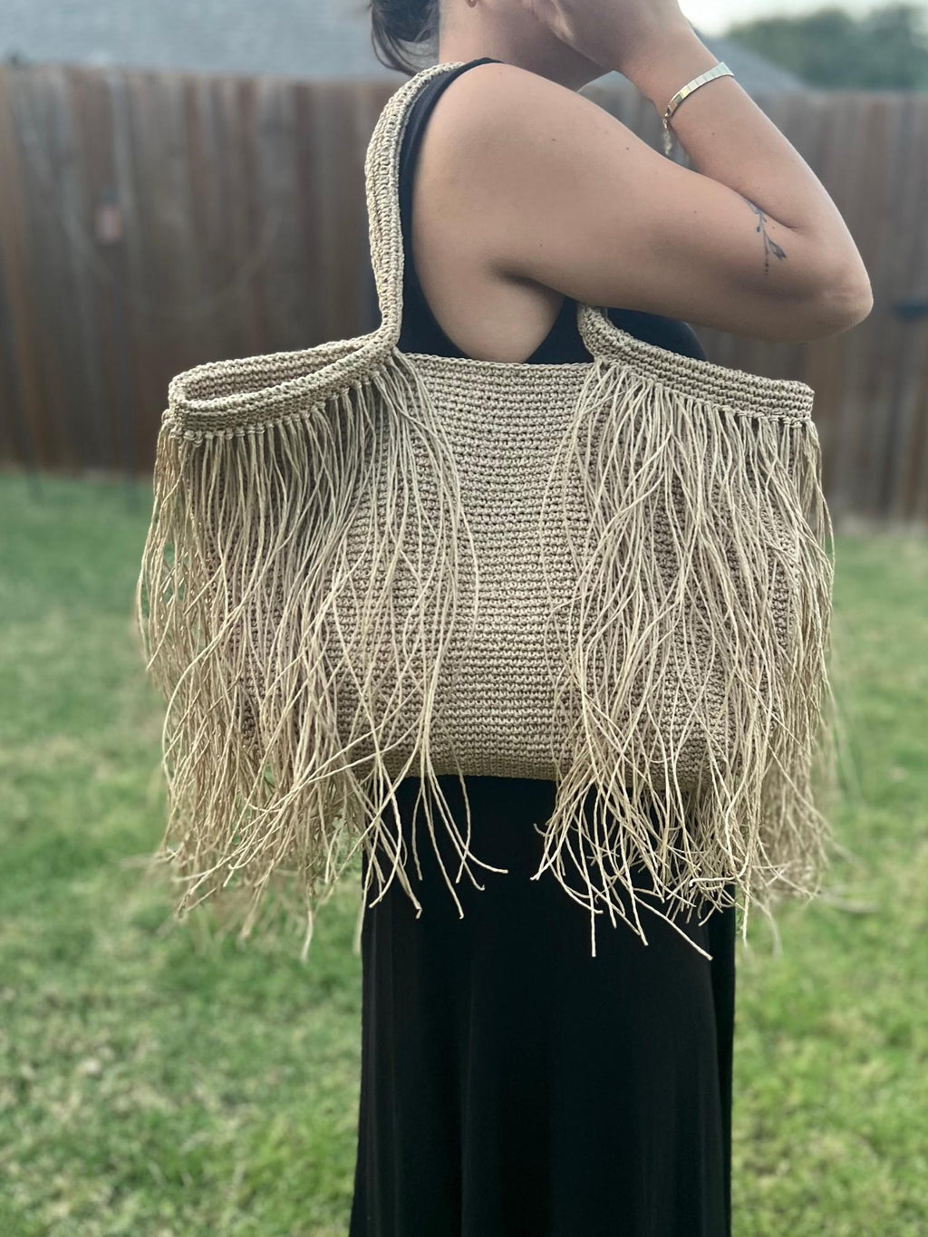 Handmade Light Brown Fringed Straw Bag | Boho Jute Tote | Large Summer Beach Bag | 17x12 inch Eco-Friendly Bag