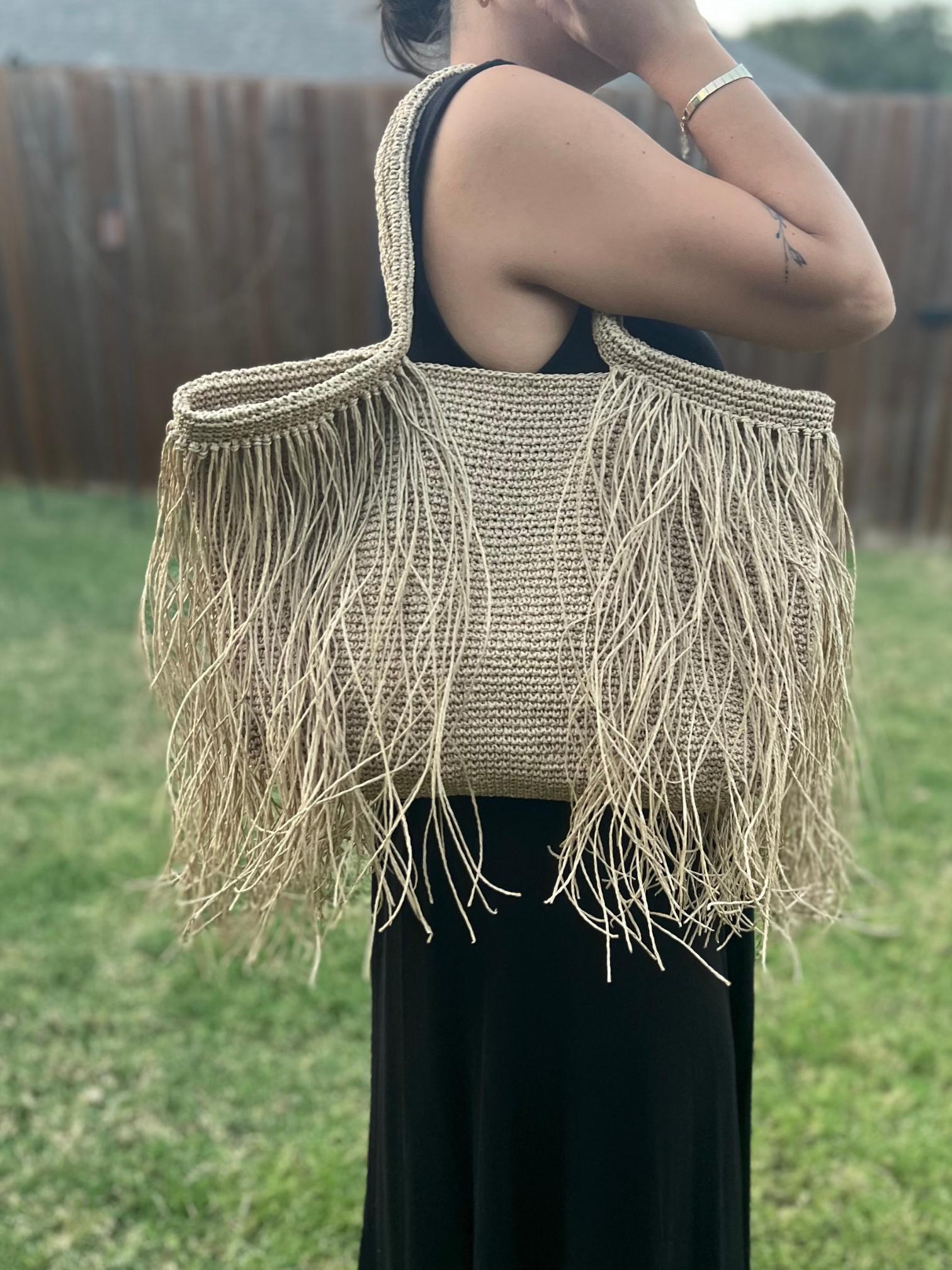 Handmade Light Brown Fringed Straw Bag | Boho Jute Tote | Large Summer Beach Bag | 17x12 inch Eco-Friendly Bag