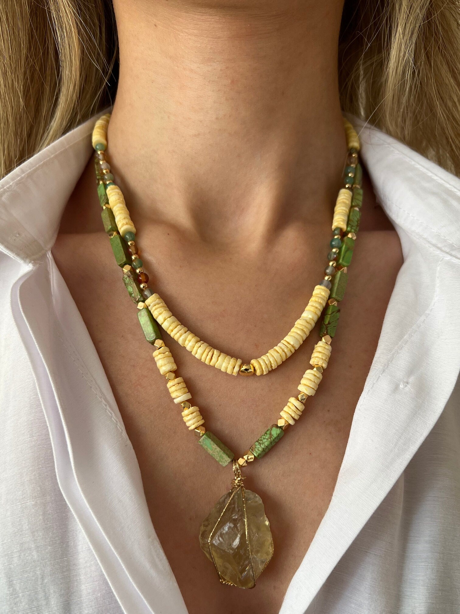 Citrine , Fimo , Indian Agate , Varacite Necklace , Multi-strand Handmade Natural Stone Necklace , Women Jewelry , Unique Halloween Gift