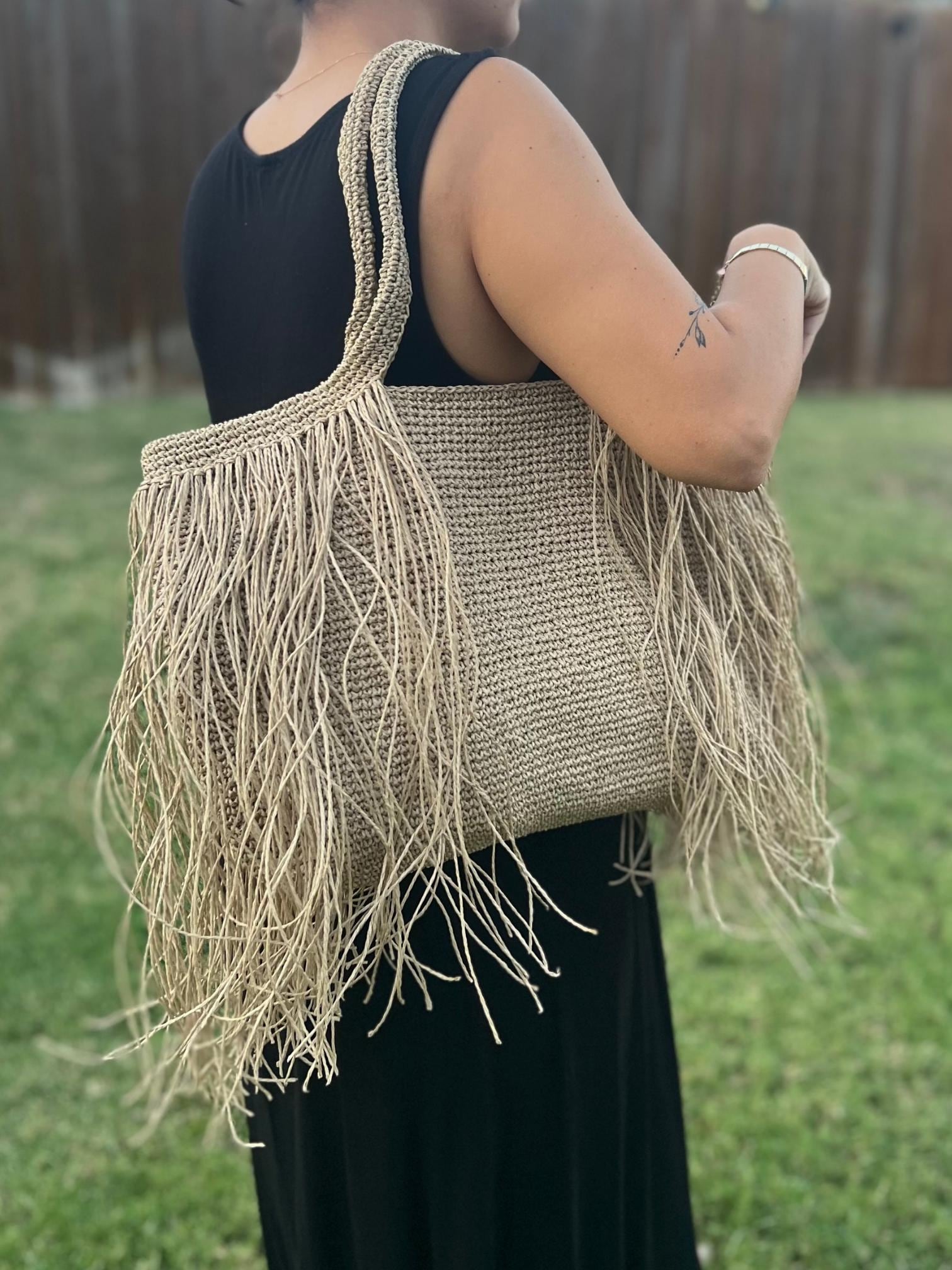 Handmade Light Brown Fringed Straw Bag | Boho Jute Tote | Large Summer Beach Bag | 17x12 inch Eco-Friendly Bag