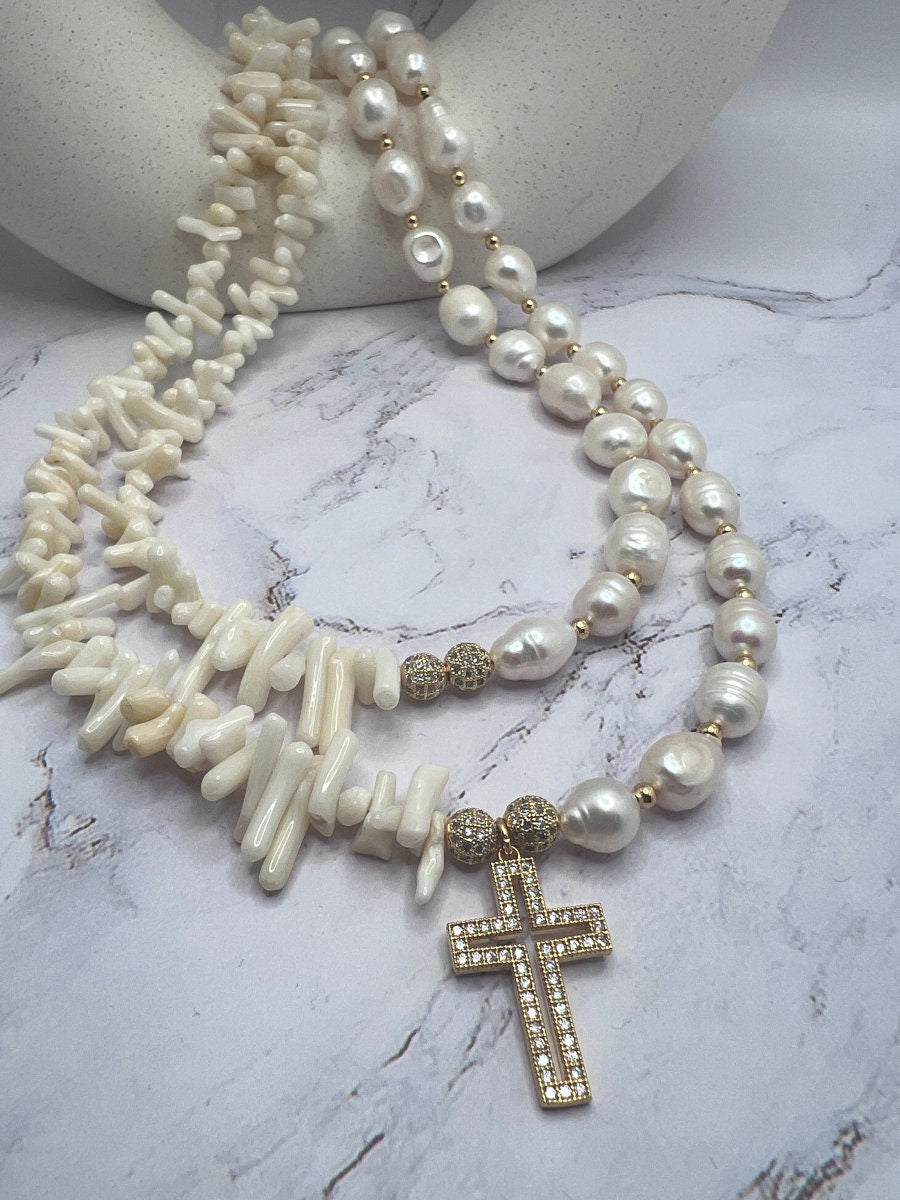 Pearl Necklace Multi Strand , Handmade Natural Stone Necklace , Cross Charm , White Gold Necklace , Unique Birthday Gift , Christmas Gift