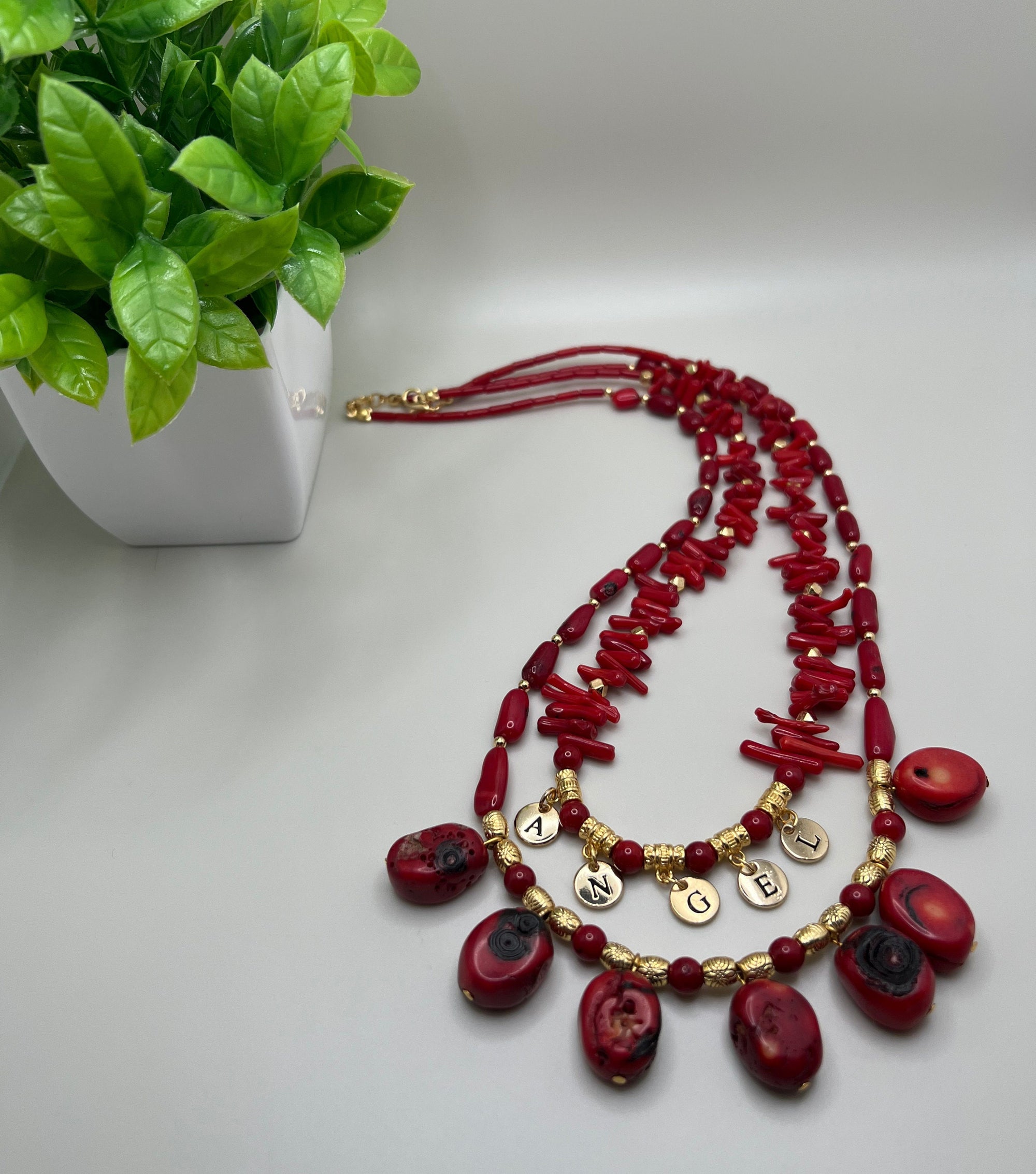 CORAL Women Jewelry Handmade Gemstone Multi-strand Necklace Customizable Name Special Unique Gift