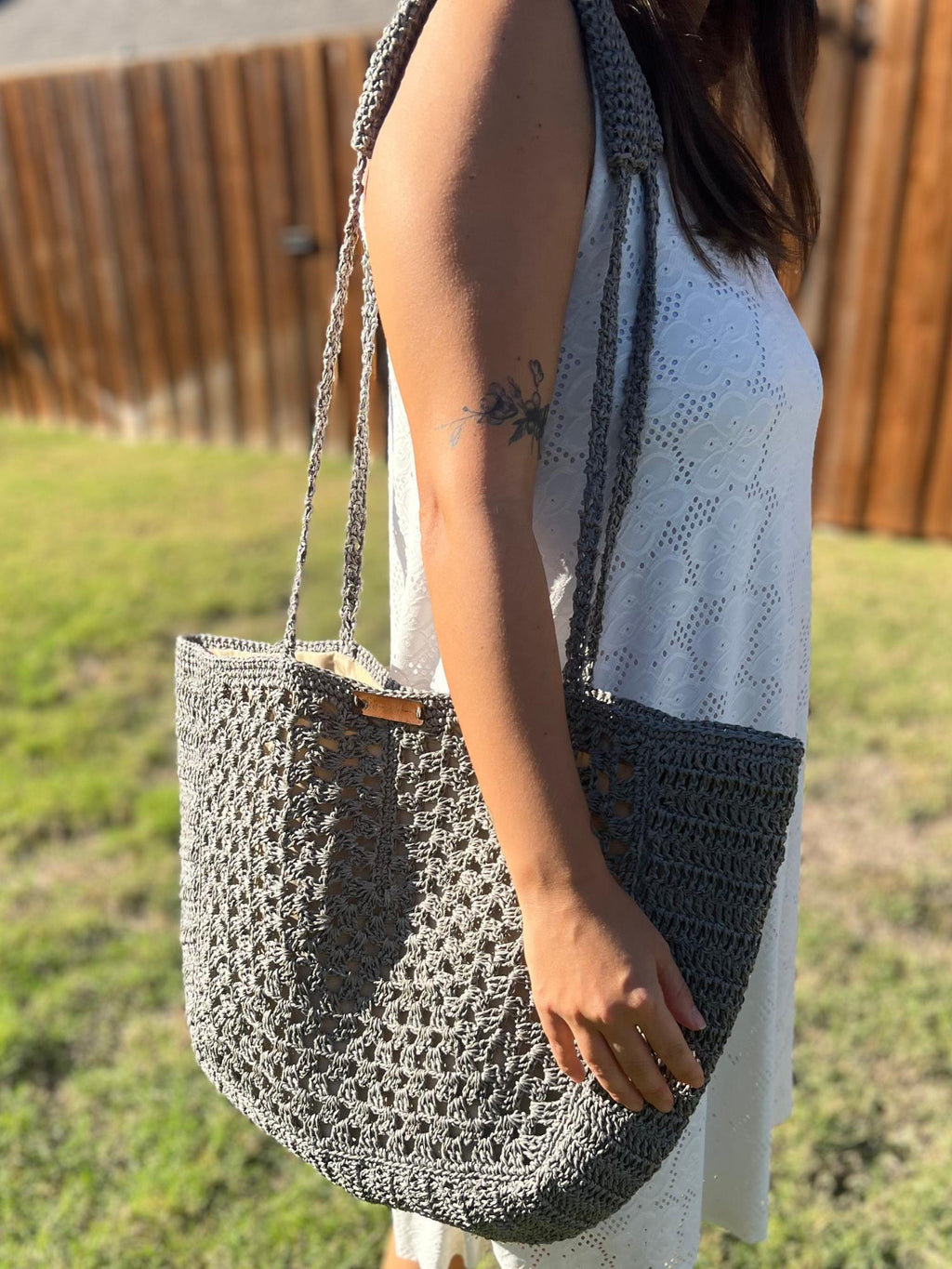 Gray Handmade Knitted Raffia Bag with inter-lining , Large Tote Bag , Charity, Artisan Made handbag, Natural Straw bag, Christmas Gift