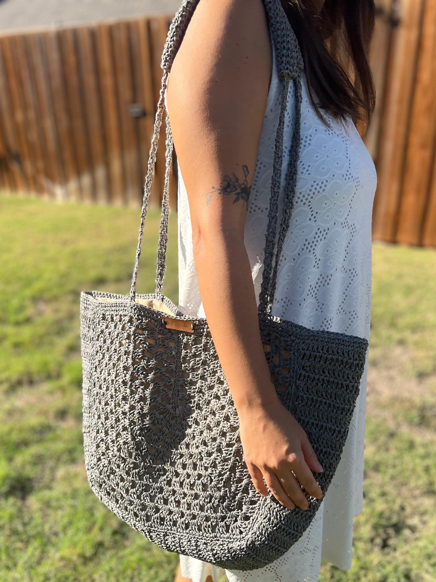 Gray Handmade Knitted Raffia Bag with inter-lining , Large Tote Bag , Charity, Artisan Made handbag, Natural Straw bag, Christmas Gift