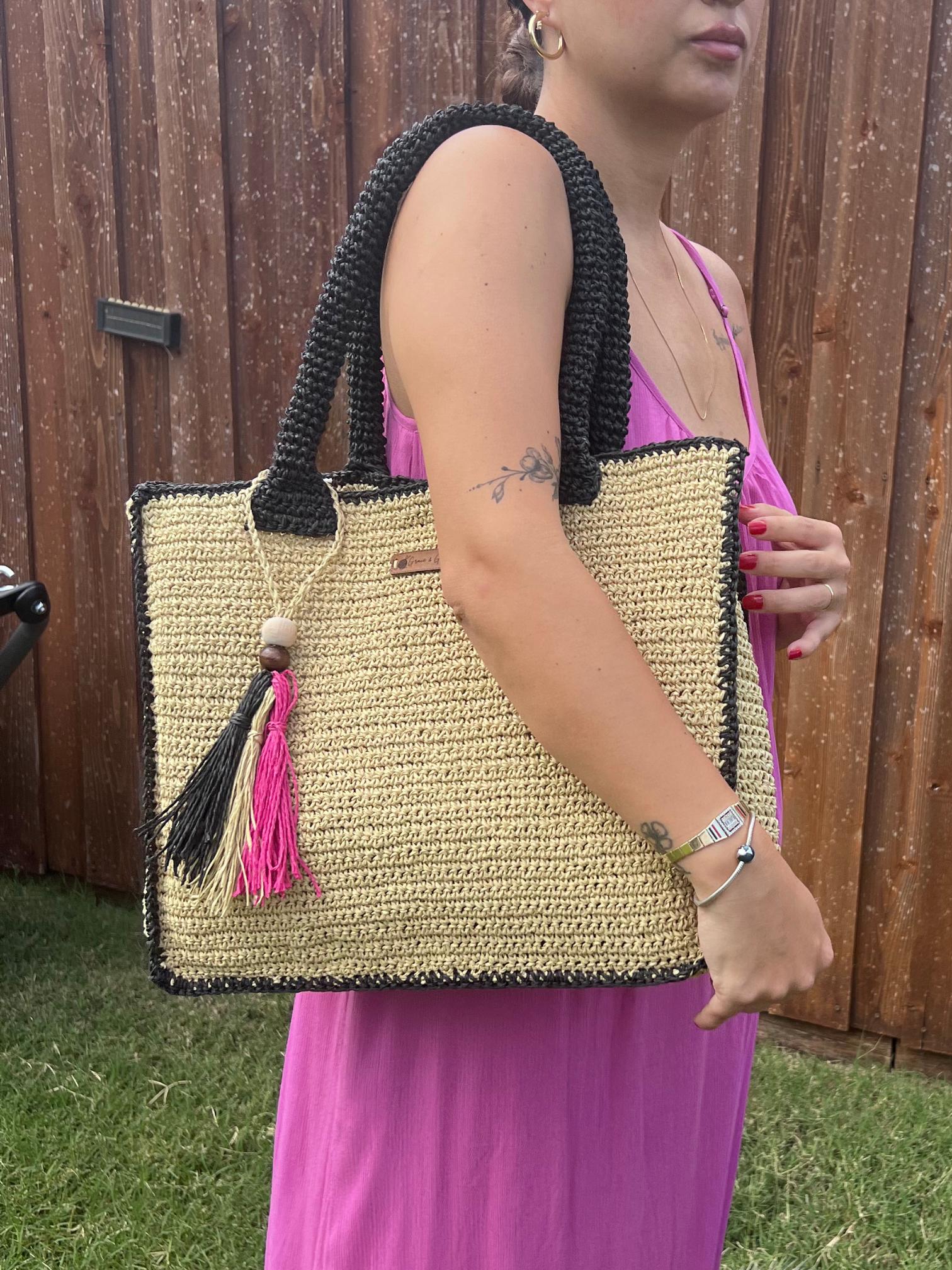 Natural Black Handmade Knitted Raffia Bag Black Straw Bag Large Tote Bag Women bag, Artisan Made handbag, Natural Straw bag, Birthday Gift