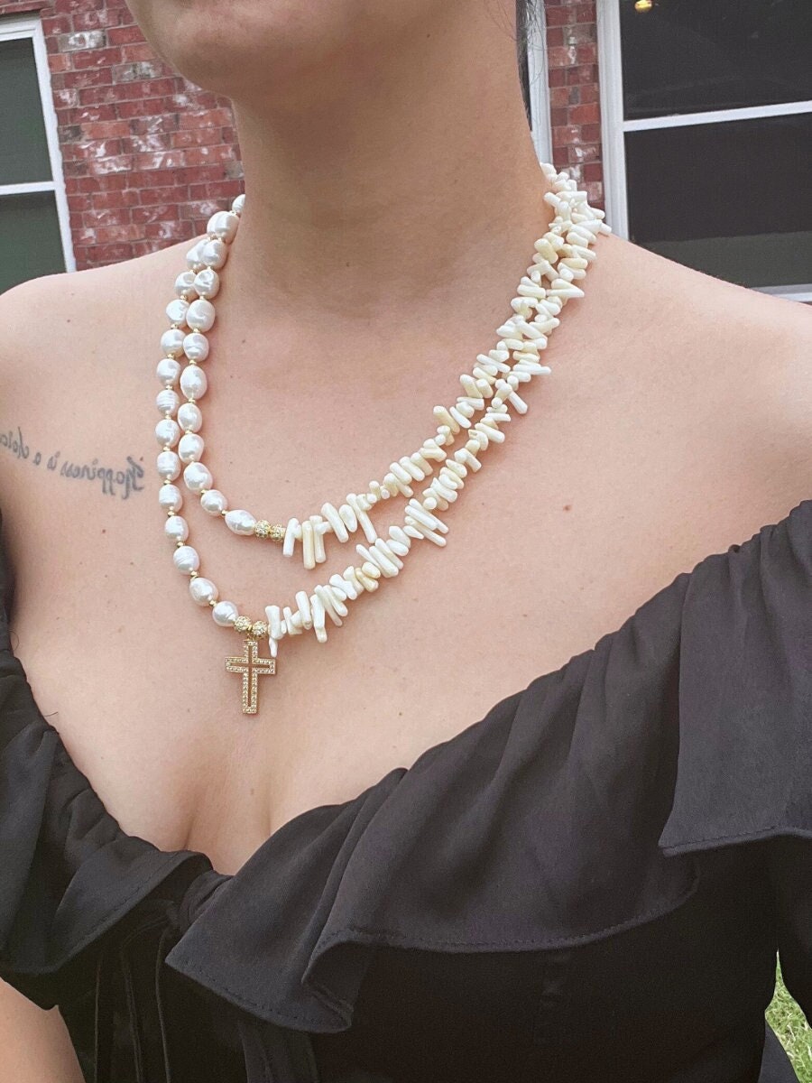 Pearl Necklace Multi Strand , Handmade Natural Stone Necklace , Cross Charm , White Gold Necklace , Unique Birthday Gift , Christmas Gift