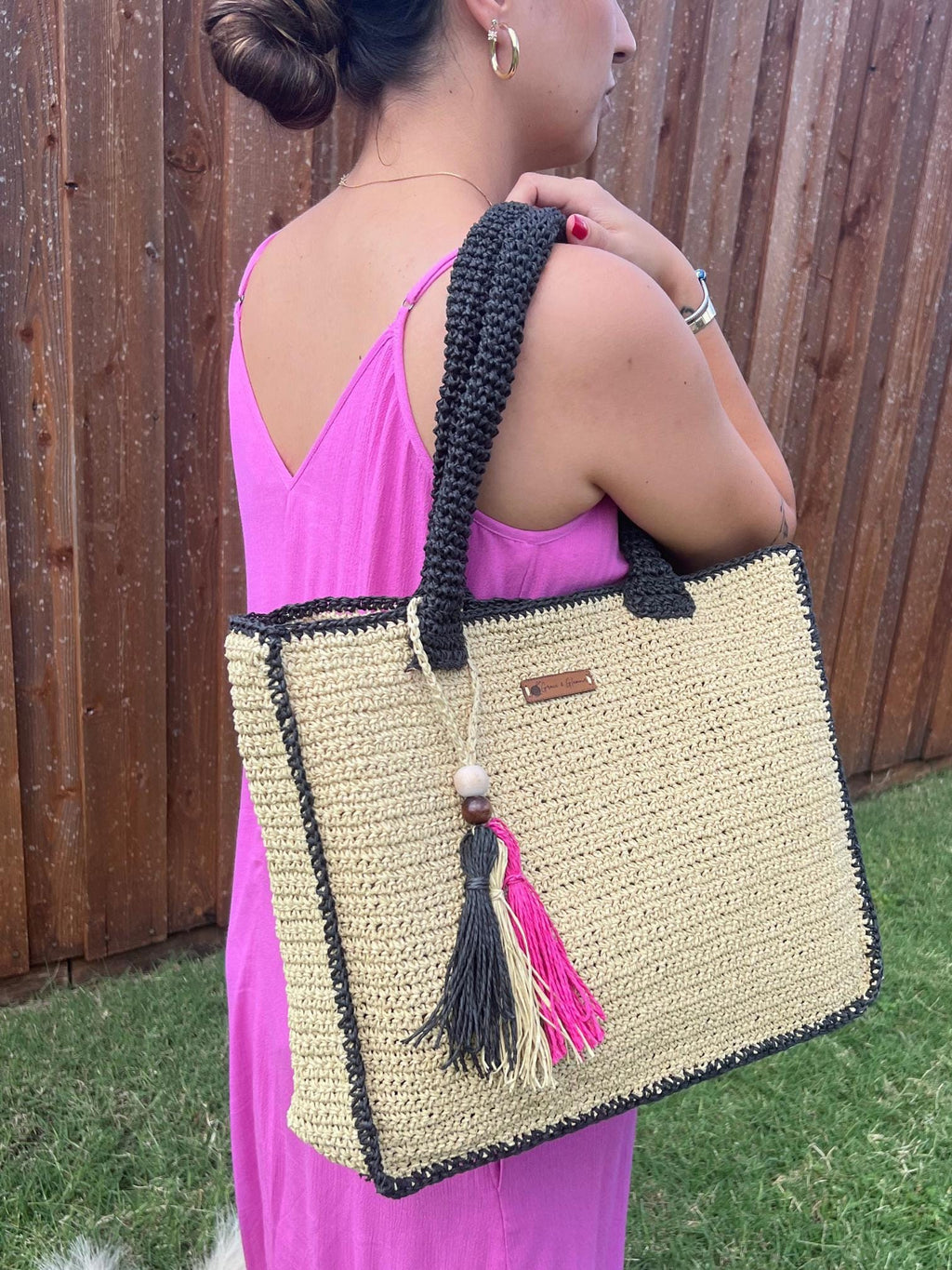 Natural Black Handmade Knitted Raffia Bag Black Straw Bag Large Tote Bag Women bag, Artisan Made handbag, Natural Straw bag, Birthday Gift