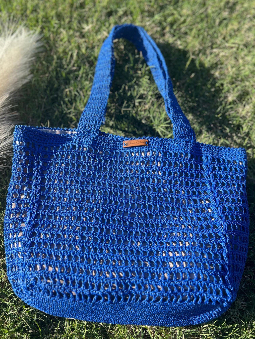 Blue Knitted Women Bag , Handmade Tote Bag , Charity, Artisan Design Bag , Natural Straw Bag ,  Christmas Gift , Shoulder Bag , Everyday Use