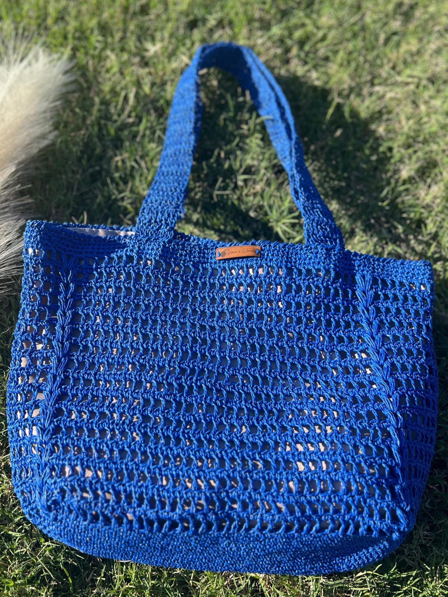 Blue Knitted Women Bag , Handmade Tote Bag , Charity, Artisan Design Bag , Natural Straw Bag ,  Christmas Gift , Shoulder Bag , Everyday Use