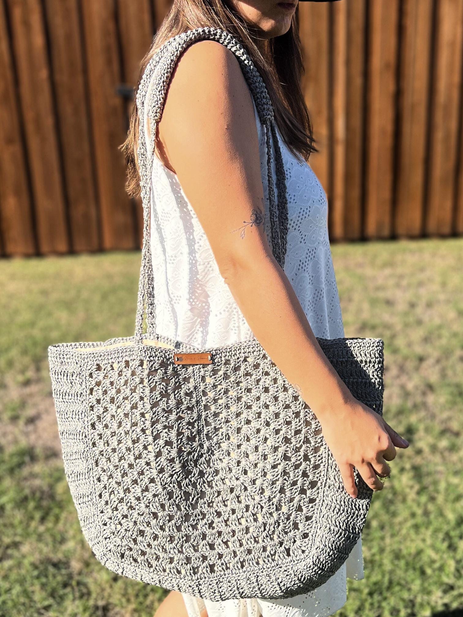 Gray Handmade Knitted Raffia Bag with inter-lining , Large Tote Bag , Charity, Artisan Made handbag, Natural Straw bag, Christmas Gift