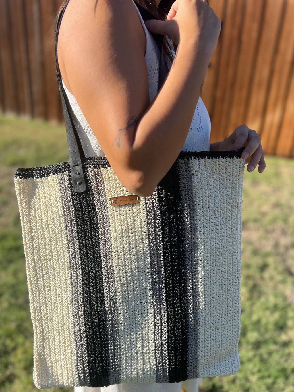 Black and Cream Striped Bag,Handmade Knitted Raffia Bag, Large Tote Bag,Leather Handle Bag, Shoulder Bag,Natural Straw bag, Christmas Gift