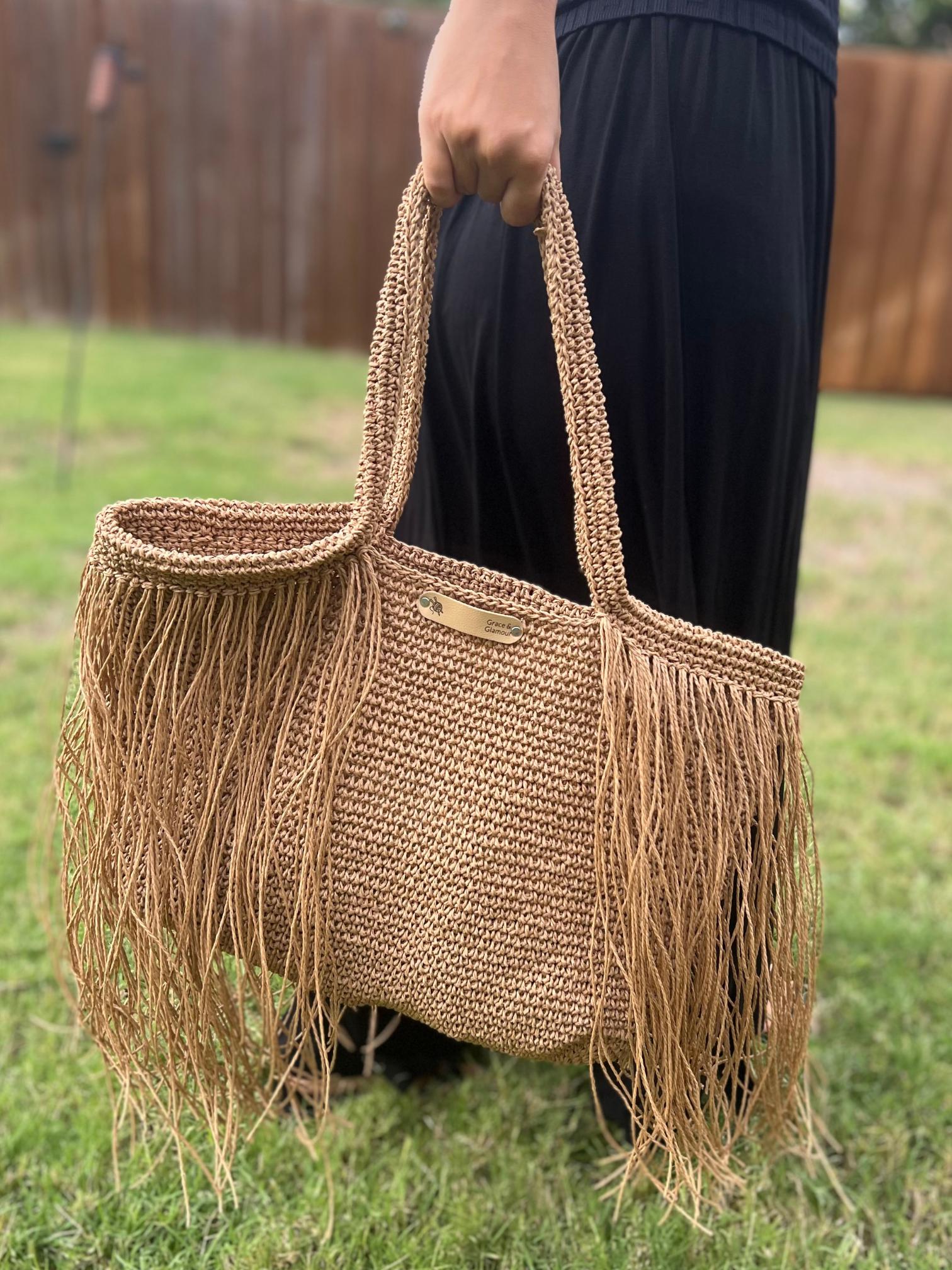 Free Shipping, Knitted Raffia Bag , Shoulder Bag , Women Bag , Fringe Bag , Summer Bag , Straw Bag, Boho Style , Hand Knitted , Gift for Her
