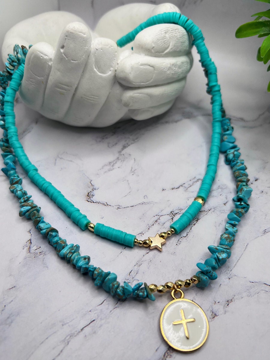 Turquoise Necklace , Women Jewelry , Multi-strand Handmade Necklace , Natural Stone , Cross Charm , Blue Necklace , Unique Christmas Gift