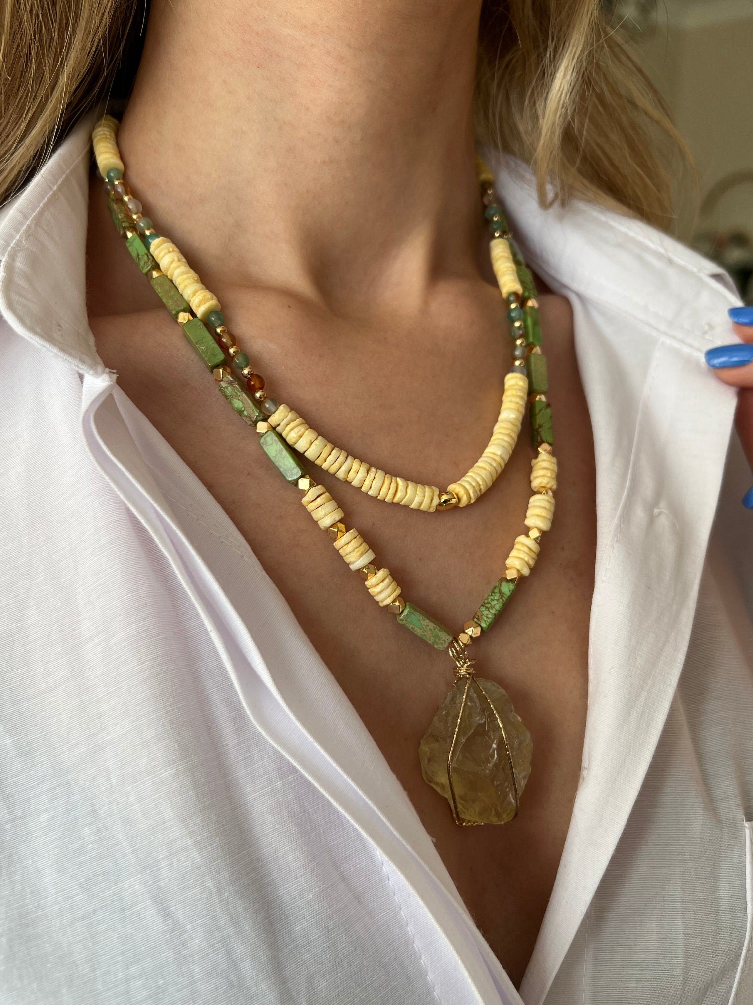 Citrine , Fimo , Indian Agate , Varacite Necklace , Multi-strand Handmade Natural Stone Necklace , Women Jewelry , Unique Halloween Gift
