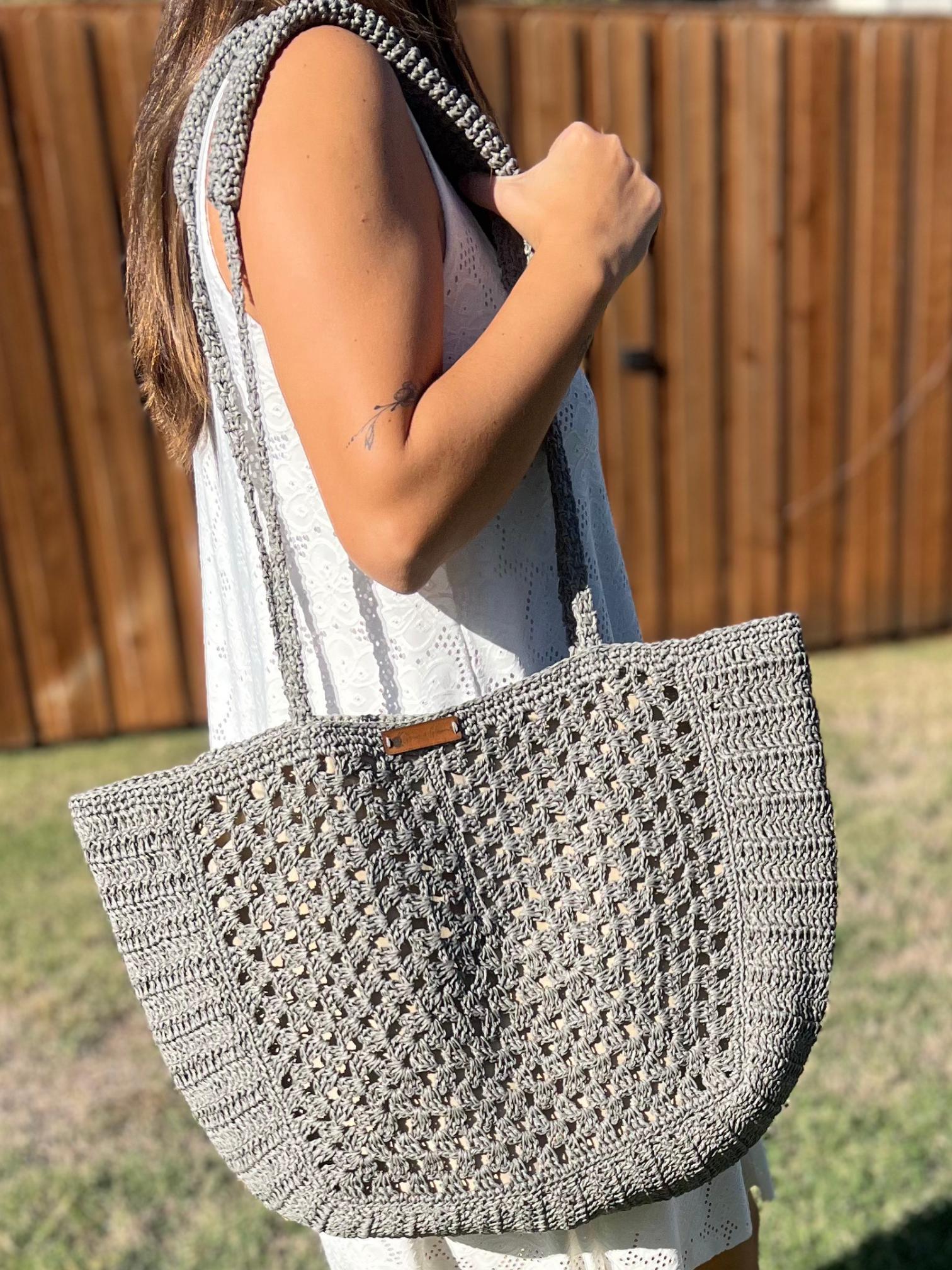 Gray Handmade Knitted Raffia Bag with inter-lining , Large Tote Bag , Charity, Artisan Made handbag, Natural Straw bag, Christmas Gift