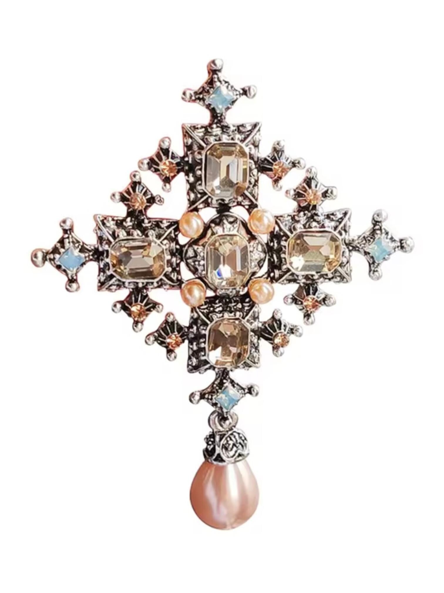 Fashion Brooches for Women Retro Vintage Cross Pearl Unique Creative Suit Pin Jewelry Everyday Use Gift for Her