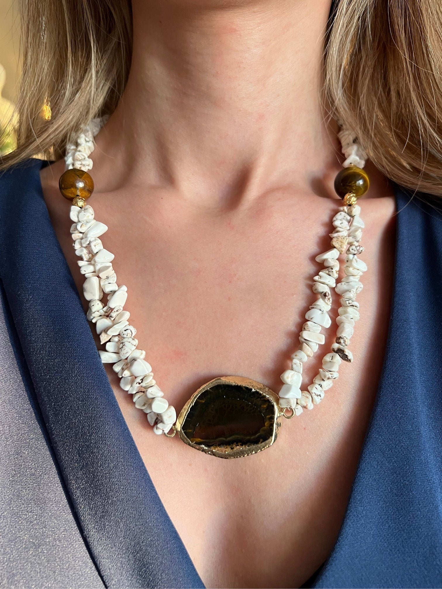 Women Jewelry , Handmade Gemstone Necklace , Multistrand Necklace , Howlite ,  Tigers Eye , Gift for Her , Christmas Gift