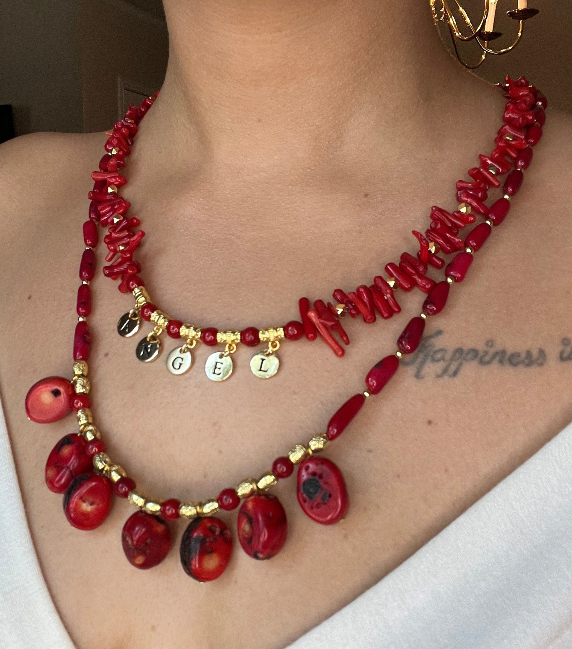 CORAL Women Jewelry Handmade Gemstone Multi-strand Necklace Customizable Name Special Unique Gift