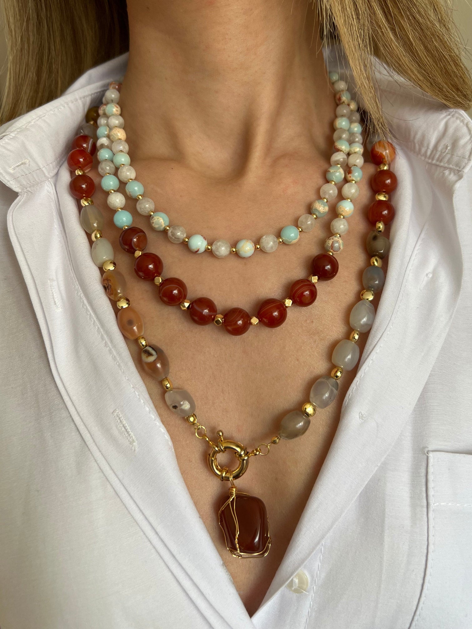Multi-Strand Necklace Handcrafted Gemstone Necklace Unique Agate Showcat Variscite Red Pendant Unique Birthday Gift for Her ,Christmas Gift