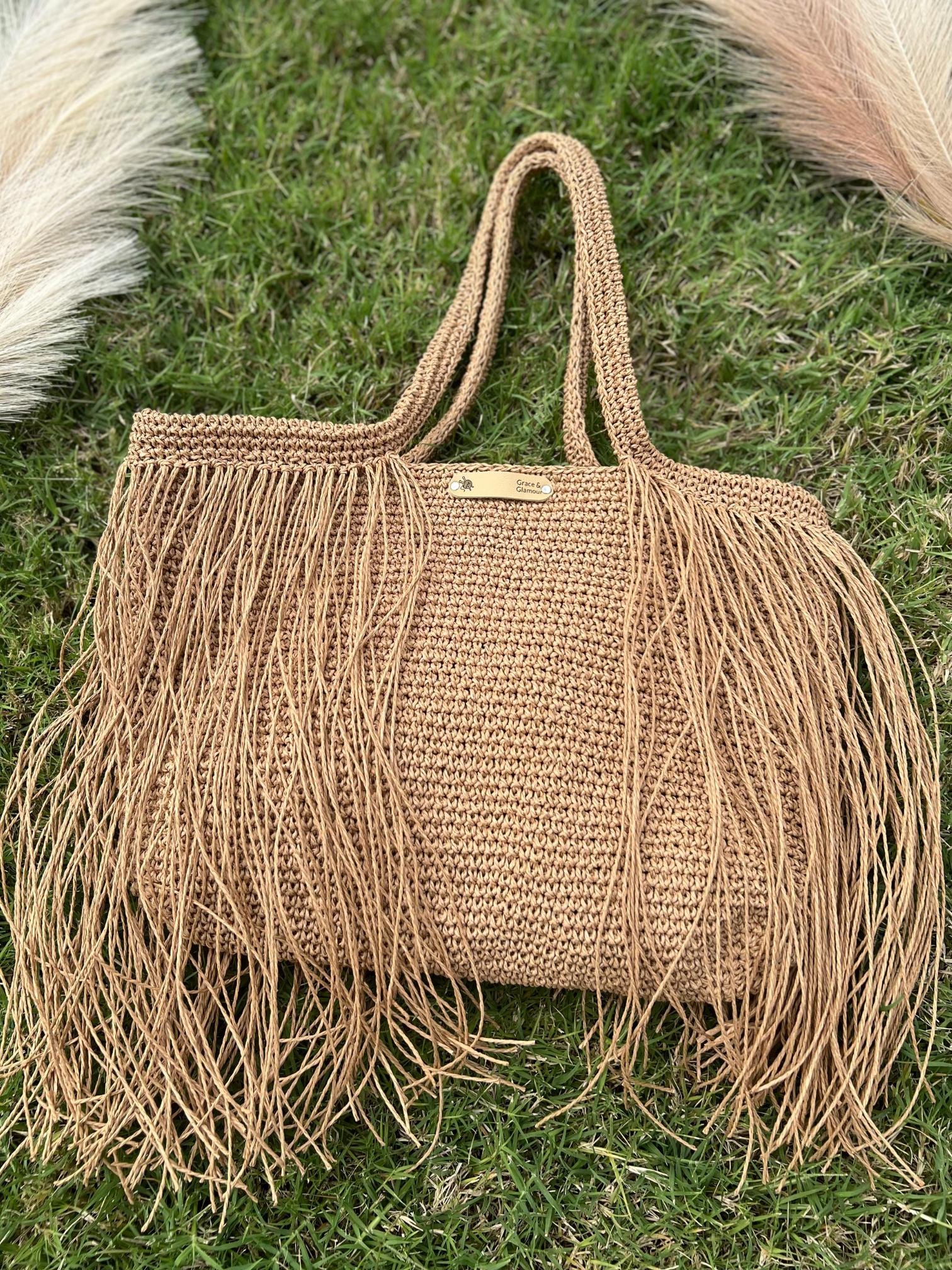 Free Shipping, Knitted Raffia Bag , Shoulder Bag , Women Bag , Fringe Bag , Summer Bag , Straw Bag, Boho Style , Hand Knitted , Gift for Her
