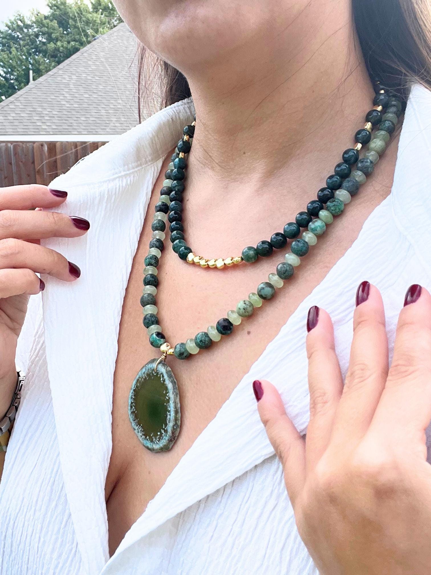 Green Aventurine Necklace with Mossy Agate & Jade – Unique Gemstone Pendant, Handmade Women Necklace,Multi-strand Necklace,Christmas Gift